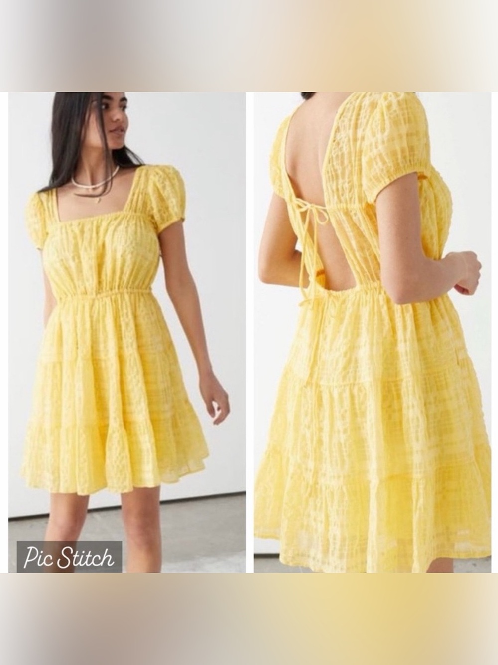& Other Stories Cotton Square Neck Smocked Tie Back Dress Yellow